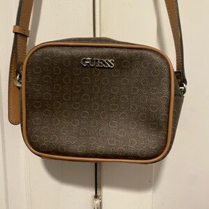 GUESS Brown Monogram Shoulder Bag with Tan Trim